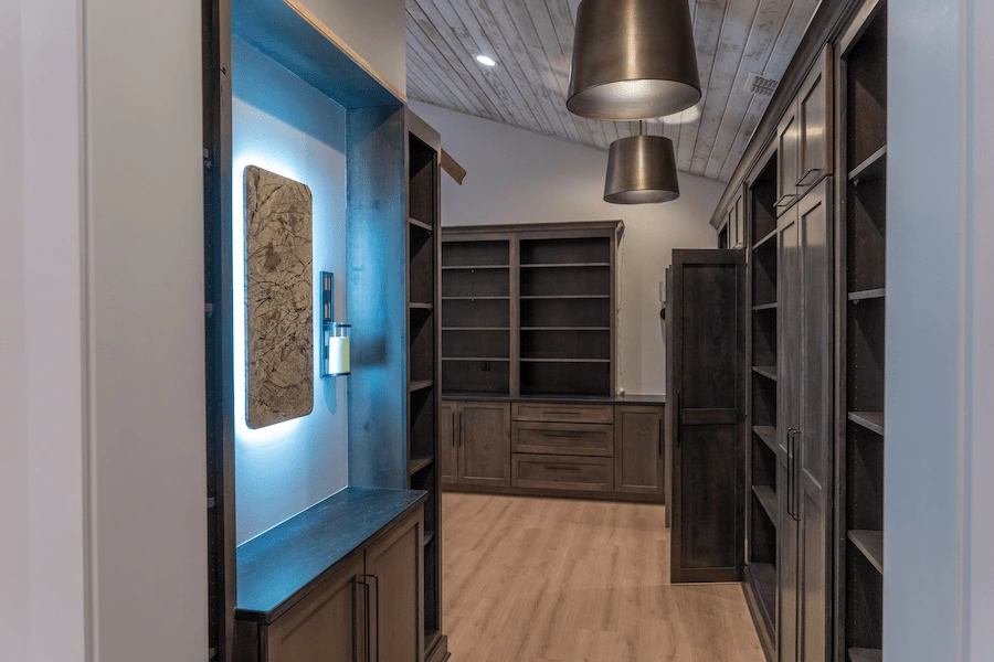 Office with dark brown wooden shelves and blue accent lights